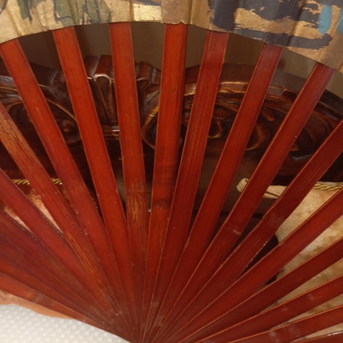 Large decorative Asian art wall fan with peacock feathers and peonies, vintage