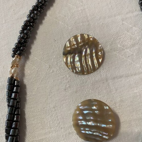 Vintage jewelry set hematite multi-strand necklace and mother of pearl clip earrings like new