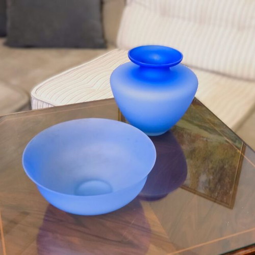 Modern glass vase and bowl set frosted blue like new