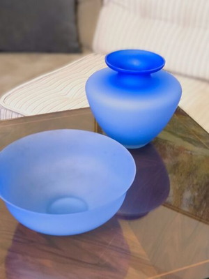 Modern glass vase and bowl set frosted blue like new