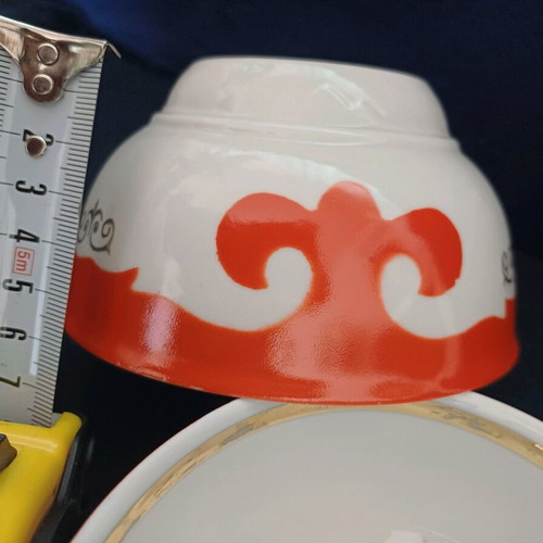 Porcelain bowls set new, vintage from USSR, red-white design