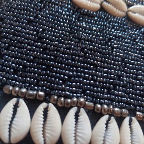 Clutch with beads and shells, new, gray and blue