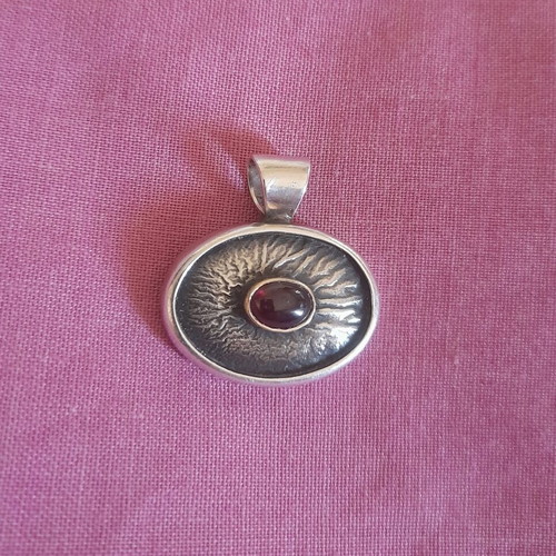 Vintage handmade pendant by G. Tsoukalas, silver 925, gold & garnet