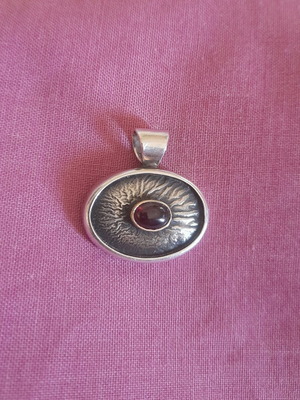 Vintage handmade pendant by G. Tsoukalas, silver 925, gold & garnet
