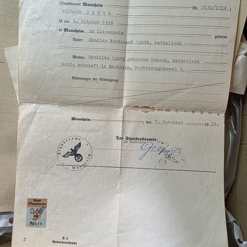 German birth certificate 1939 used, Mannheim World War II era