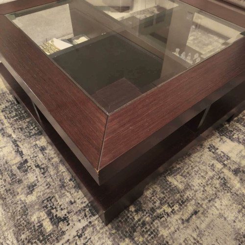 Living room table used, dark wood with square glass top