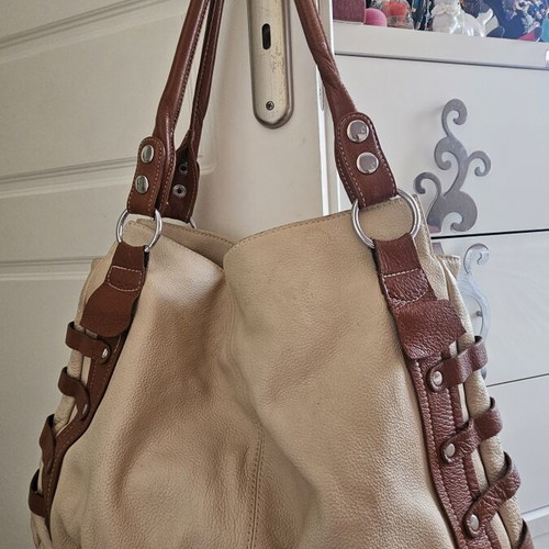 Leather shoulder bag used, large, beige and brown