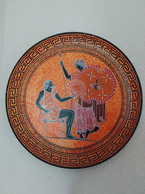 Handmade clay plate used with Hephaestus and Athena design, 32cm