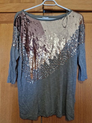 Sequin blouse 3/4 sleeves new, size L, gray and beige