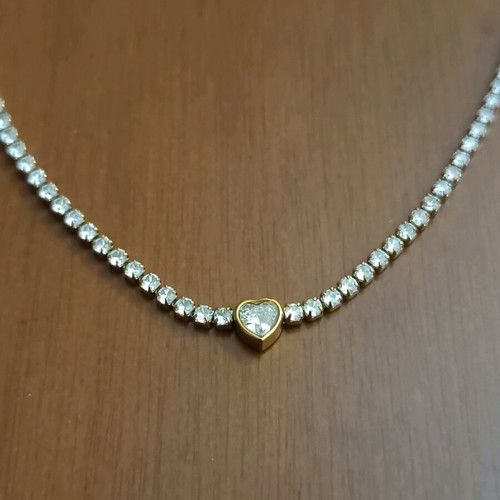 Riviera stainless steel necklace new, gold color with heart and white stones