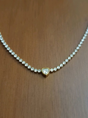Riviera stainless steel necklace new, gold color with heart and white stones