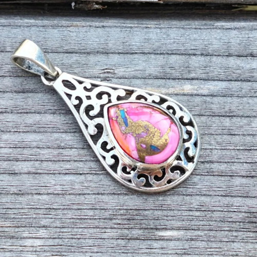 Silver pendant with pink oyster copper turquoise new