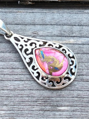 Silver pendant with pink oyster copper turquoise new