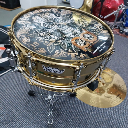 Remo Gold Metal Snare 14"×6.5" new with 20" Turkey Ride, stand, sticks, case
