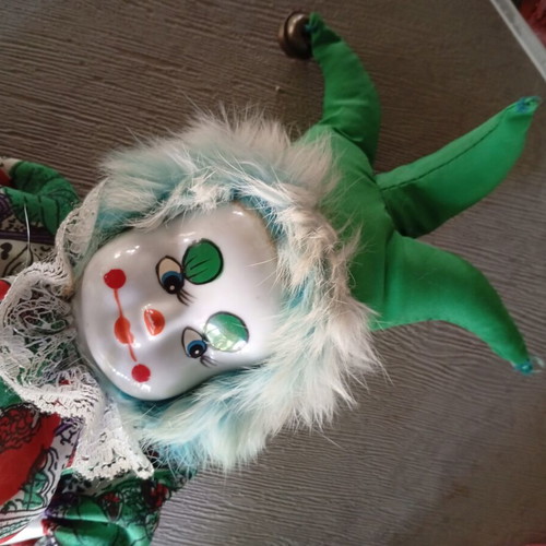 Clown doll with porcelain head used, 40 cm