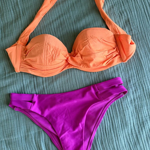Bikini like new, fuchsia bottom XS, orange strapless top 75b