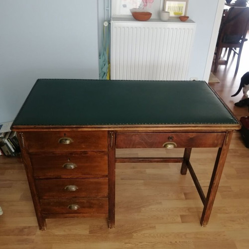 Vintage wooden desk used, walnut color with intact leather surface