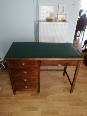 Vintage wooden desk used, walnut color with intact leather surface