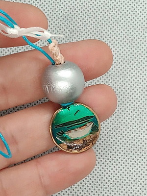 Handmade pendant with engraving and silver wooden bead with sea theme