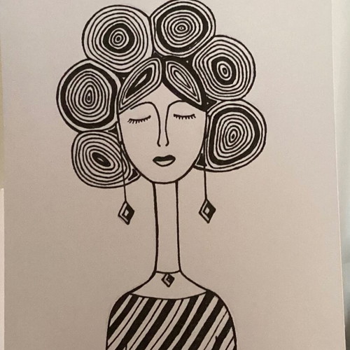 Woman with Curls Original Hand-Drawn Ink Sketch on Acid-Free Watercolor Paper