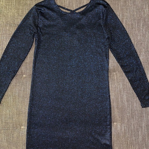 Elegant long-sleeve black blue glitter dress like new