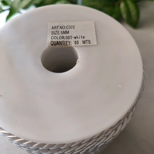 Nylon satin twisted cord 5mm new, 50m spool white