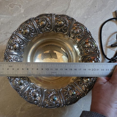 Silver platter 925 with pomegranates, new, 21 cm diameter