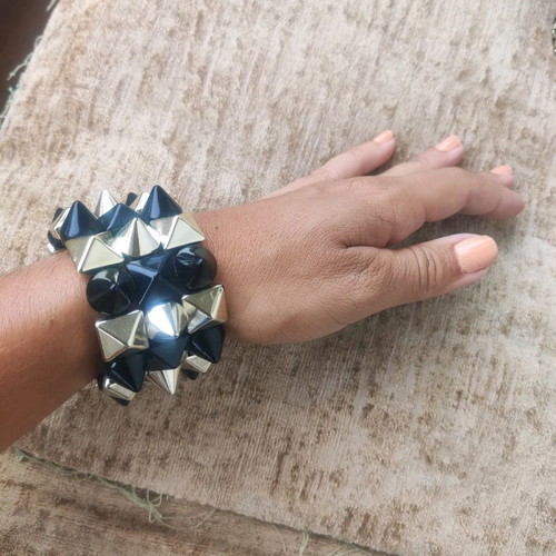 Punk style bracelet used, elastic, gold and black