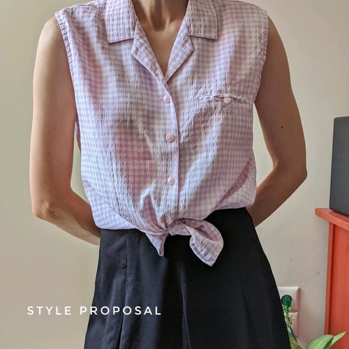 Gingham sleeveless women shirt used, pink and white, size L