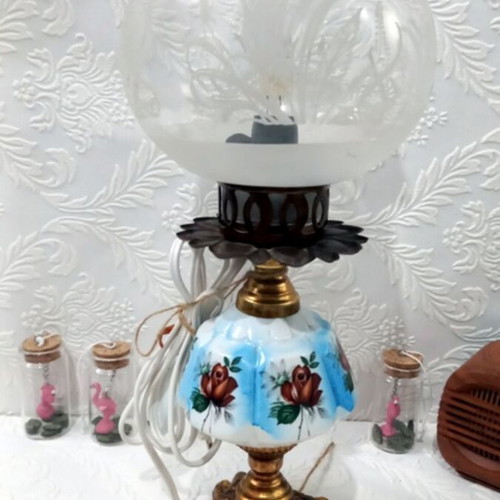 Vintage table lamp with glass chimney and carved brass base used