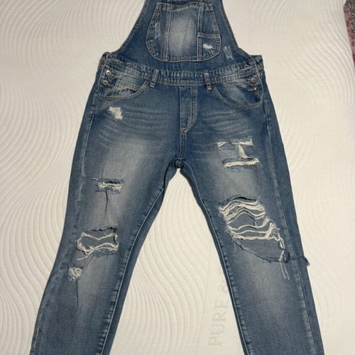 Denim salopette like new with knee rips, size L