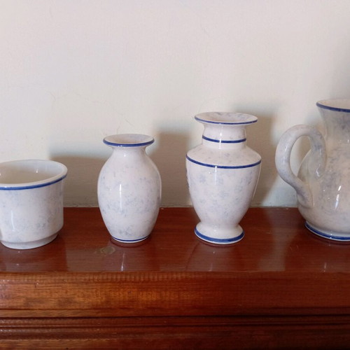 Handmade clay decorations jug, two vases and cup