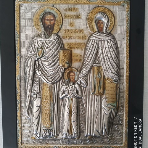 Icon of St. Raphael and Nicholas and St. Irene like new, metal and wood