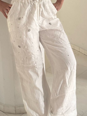 Zini linen pants new with elastic waist and rhinestones, white XL