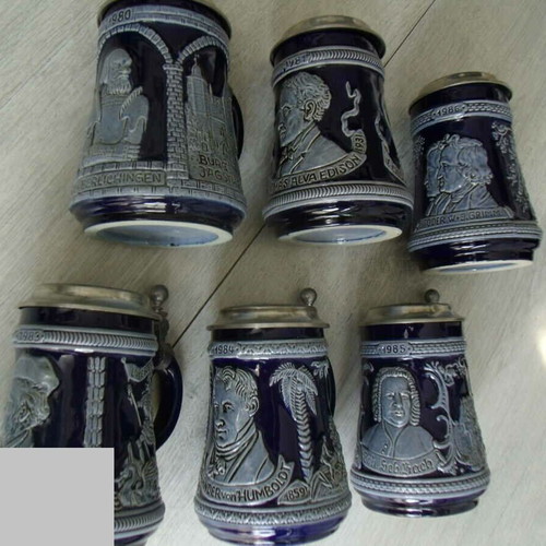 Porcelain steins M & R like new, set of 6 with metal lids