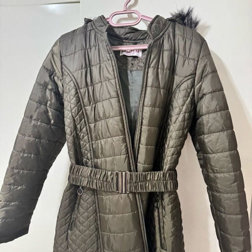 Long quilted jacket with hood like new, khaki, size L