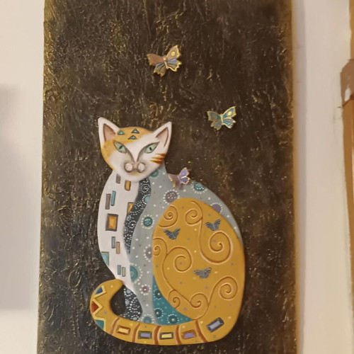 Handmade painting with Egyptian cat like new, wood