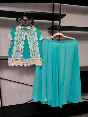 Χειροποίητο σετ vintage style crop top και maxi φούστα πετρόλ