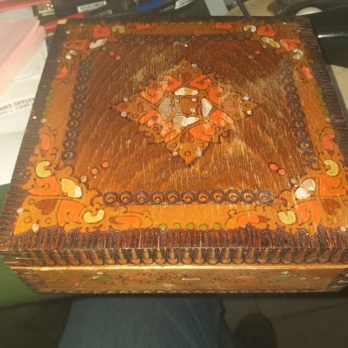 Old box used with handmade 1980s design 16x16x6