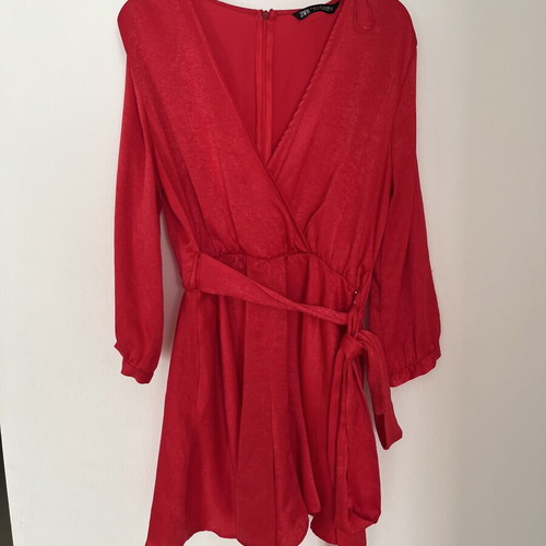 Zara satin red jumpsuit with belt, like new, medium