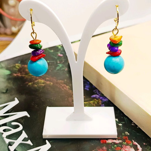 Handmade Earrings with Turquoise and Mother of Pearl, Gold Plated Stainless Steel, New
