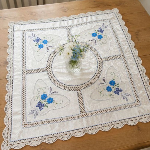 Vintage embroidered tablecloth 80x80 cm satin texture with lace and blue flowers