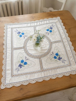 Vintage embroidered tablecloth 80x80 cm satin texture with lace and blue flowers