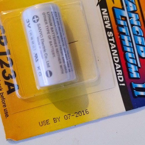 SANYO Advanced Lithium II CR123A 3V lithium battery, sealed, expired