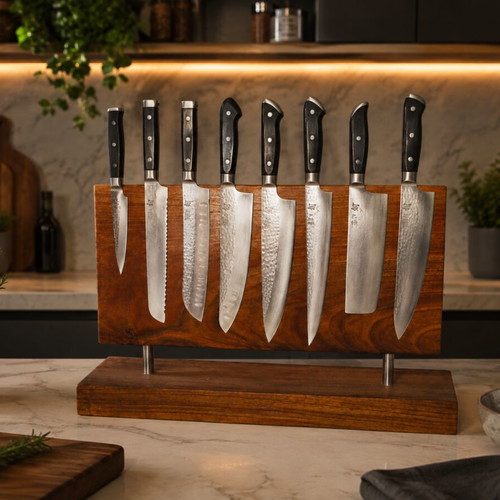 Handmade magnetic knife holder with natural wood finish