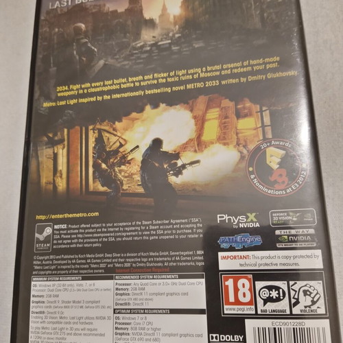 Metro Last Light PC game like new without manual