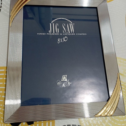 Jig Saw silver photo frame 8x10 inches, modern striped metal with gold details