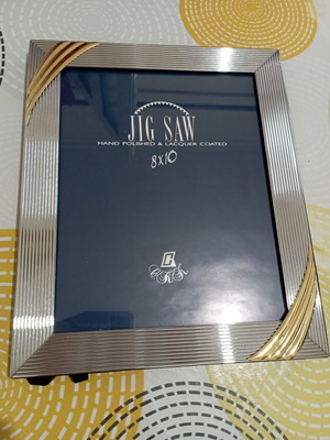 Jig Saw silver photo frame 8x10 inches, modern striped metal with gold details