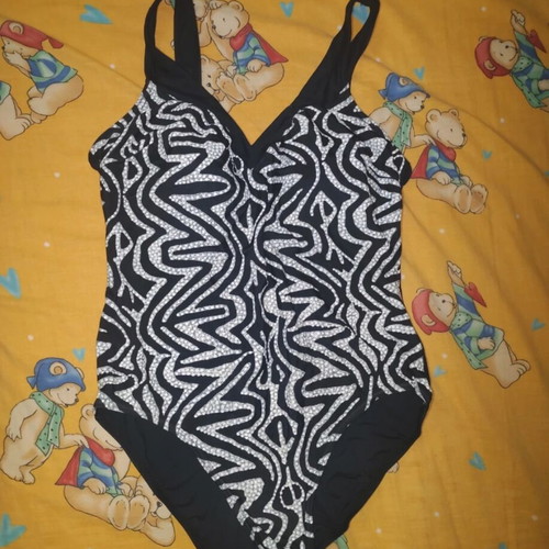 Vintage one-piece swimsuit with underwire, black and white geometric pattern, size 42