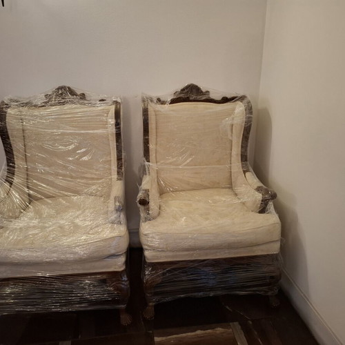 Vintage Wingback Chairs Pair used, classic wooden armchairs